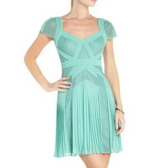 slim fit dress slacks Printed Pleated Cutout Dress  BCBGMAXAZRIA